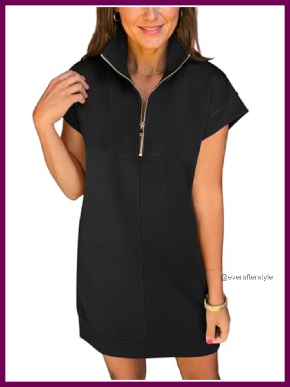 Womens Summer Casual Half Zip Wrinkle-Free Mini Dress with Split Hem